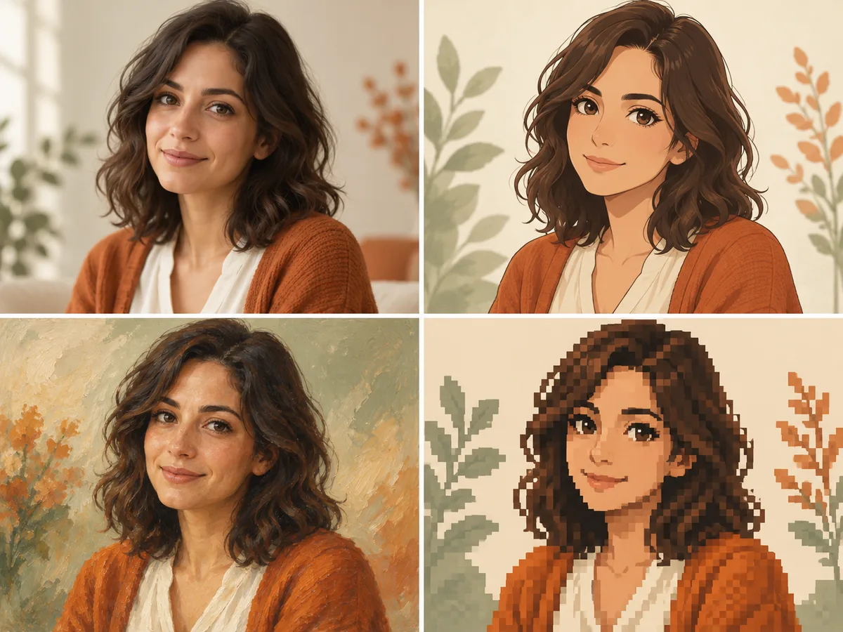 The same woman in photographic, anime, oil painting, and pixel art portrait styles