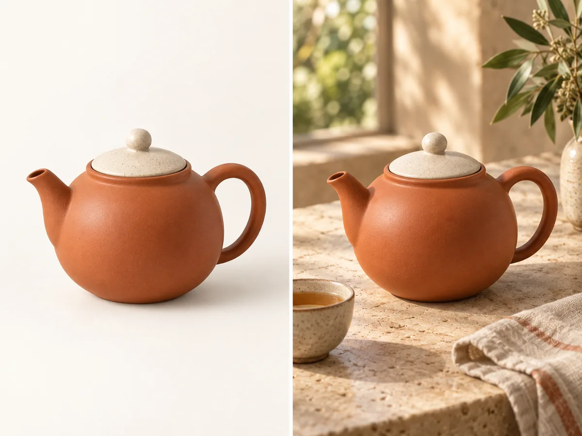 Terracotta teapot shown on a plain studio background and in a sunlit tea setting