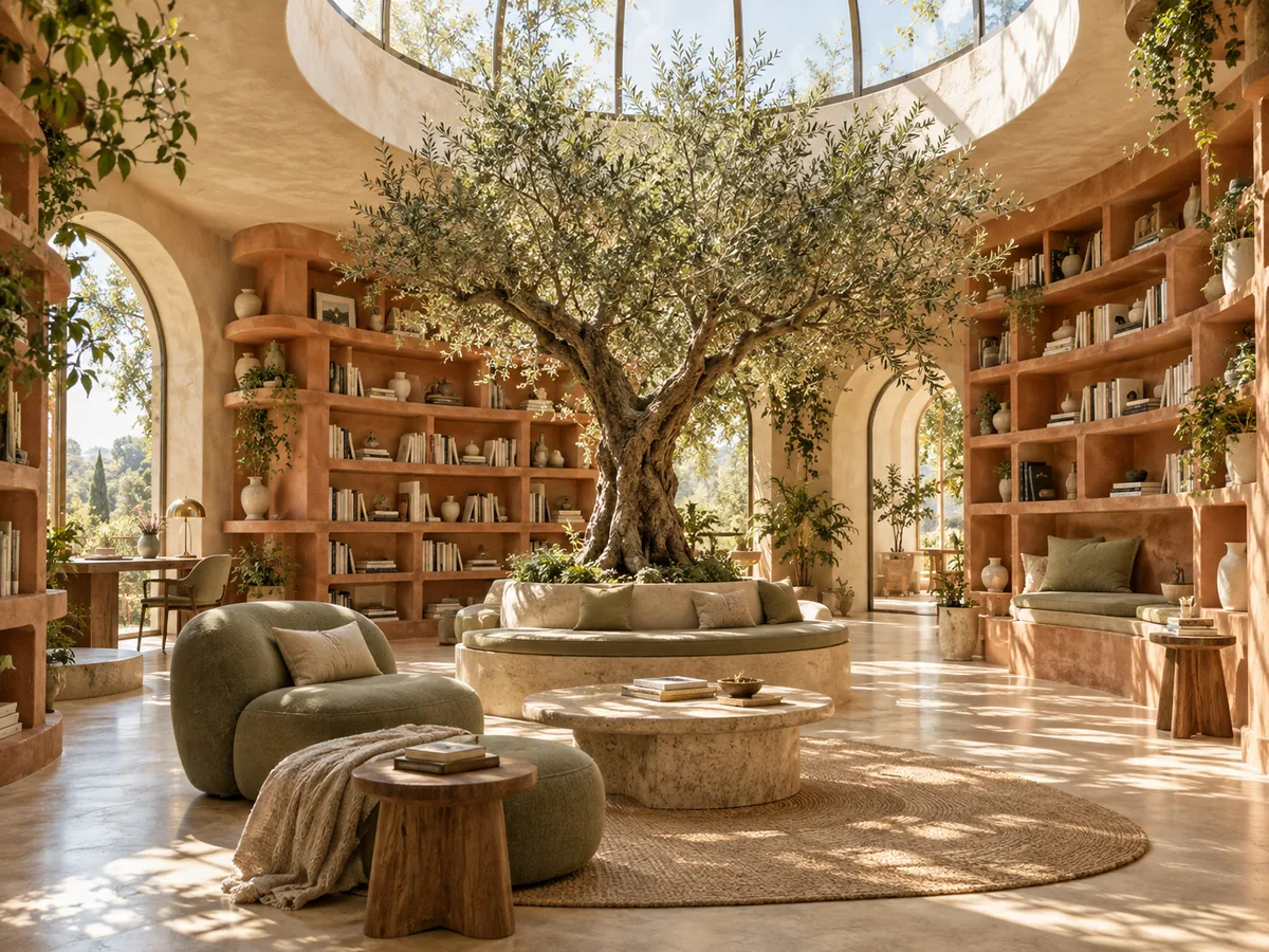 Sunlit reading room with an olive tree, curved terracotta bookshelves, and sage seating