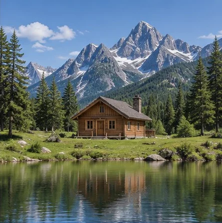 Original summer photo of a cabin beside a lake