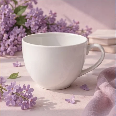 Image to image AI result example: a cup placed in a floral product setting