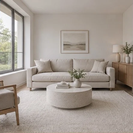 Original minimal beige living room before interior restyling