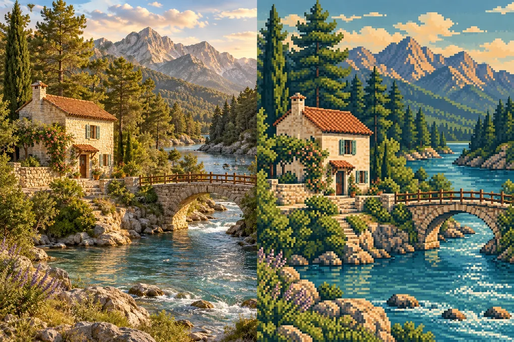Image to image AI comparison: a riverside cottage and stone bridge photo beside a colorful pixel art version.