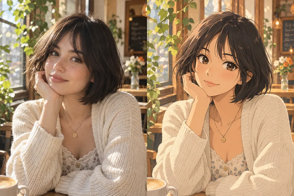 Image to image AI comparison: a sunlit cafe portrait beside an anime illustration of the same woman.