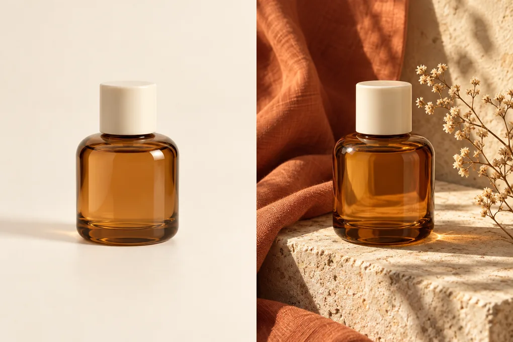 Image to image AI product background example: an amber perfume bottle on a plain background and styled with limestone and terracotta fabric.