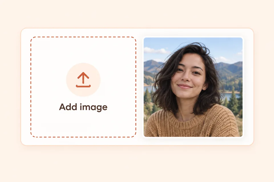 Image to image AI upload illustration: an outdoor portrait beside an Add image area.