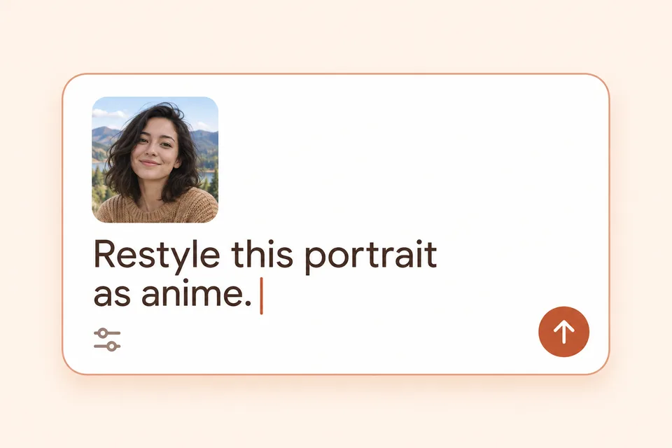 Prompt illustration with a portrait reference and the instruction: Restyle this portrait as anime.