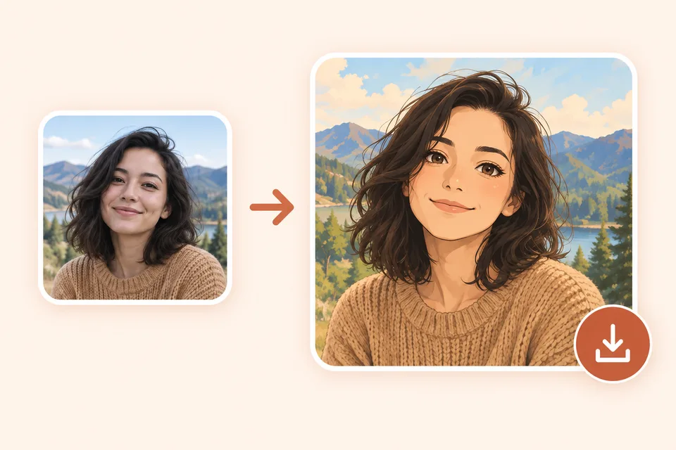 Image to image AI result example: a portrait transformed into anime beside a download icon.
